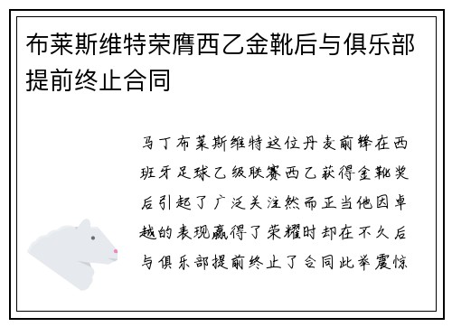 布莱斯维特荣膺西乙金靴后与俱乐部提前终止合同 布莱斯维特荣膺西乙金靴后与俱乐部提前终止合同